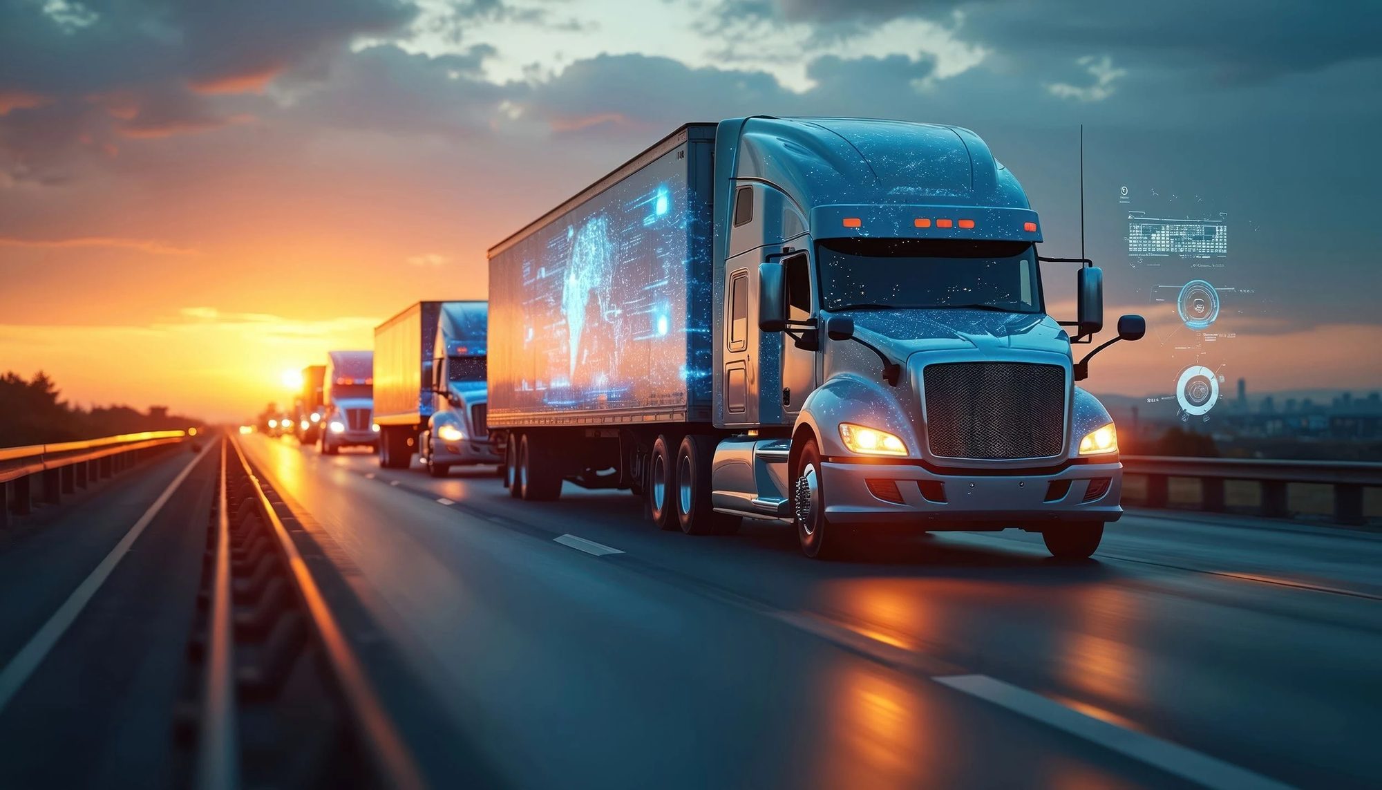 A blue prime mover on a highway at sunset with telematics graphics overlaid