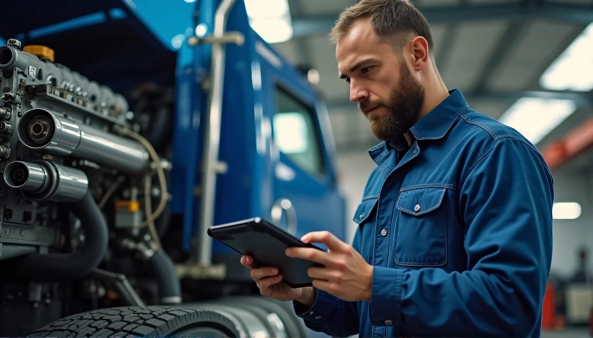 A technician running diagnostics on a tablet beside a truck engine